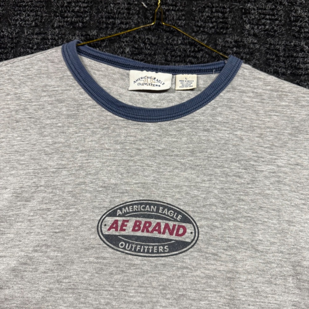 Vintage American Eagle Outfitters Ringer T-Shirt Gray Navy Logo Size L Large